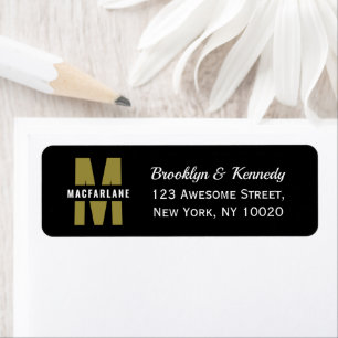 Simple Family Minimalist Black White Gold Monogram Return Address Label