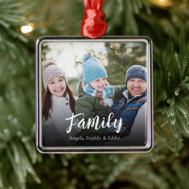 Simple Family Photo Calligraphy Personalised Metal Ornament (Tree)