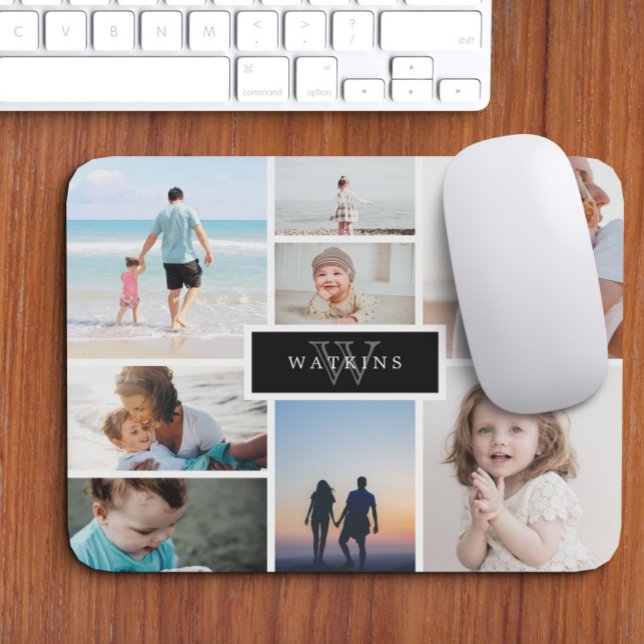 Simple Family Photo Collage & Black Monogram Mouse Pad (Creator Uploaded)