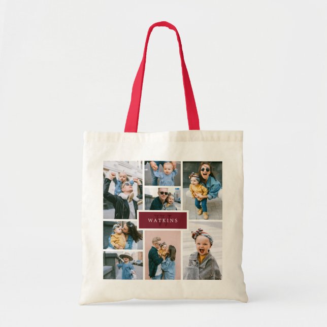 Simple Family Photo Collage Burgundy Monogram Tote Bag (Front)