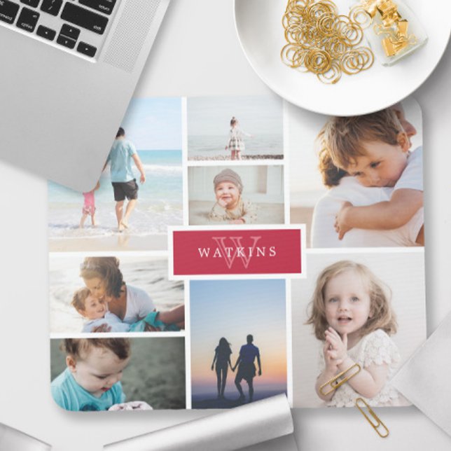 Simple Family Photo Collage & Red Monogram Mouse Pad (Creator Uploaded)