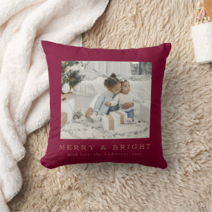 Simple Family Photo Merry and Bright Red Christmas Cushion