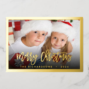 Simple Family Photo Name Christmas Script Elegant Foil Holiday Card