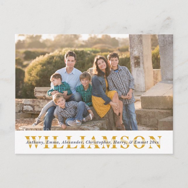 Simple Family Portrait Yellow and Blue Last Name Holiday Postcard (Front)