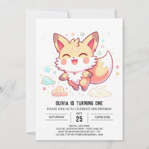 Simple Fantasy Fox 1st Birthday Invitation