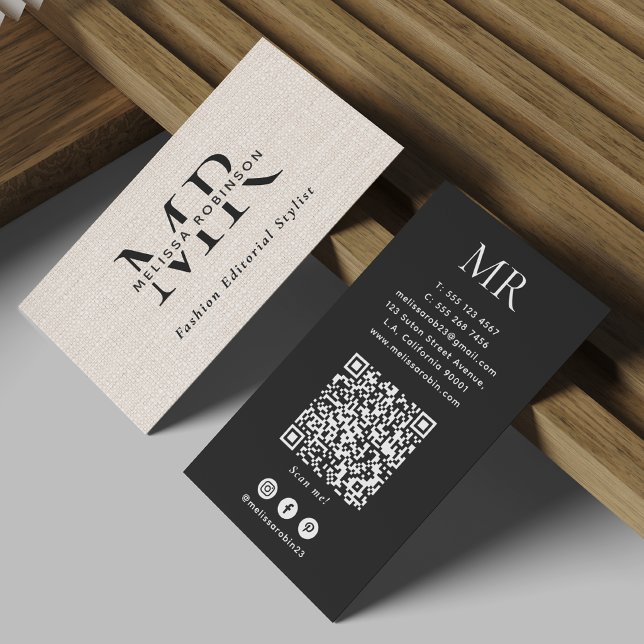 Simple Faux Burlap Black & White Monogram QR Code Business Card (Creator Uploaded)