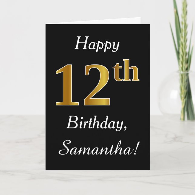 Simple Faux Gold 12th Birthday + Custom Name Card (Front)