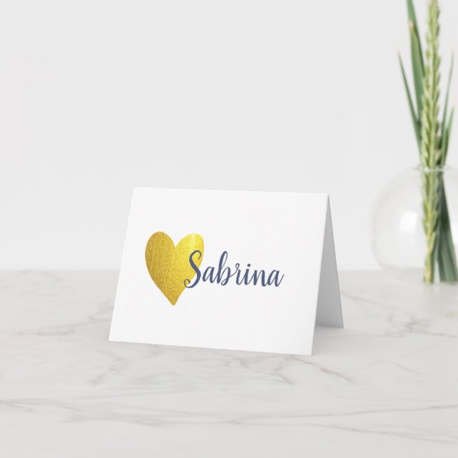 Simple Faux Gold Heart with Script Name Note Card (Front)