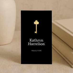 Simple Faux Gold Key Realtor Logo Black Business Card