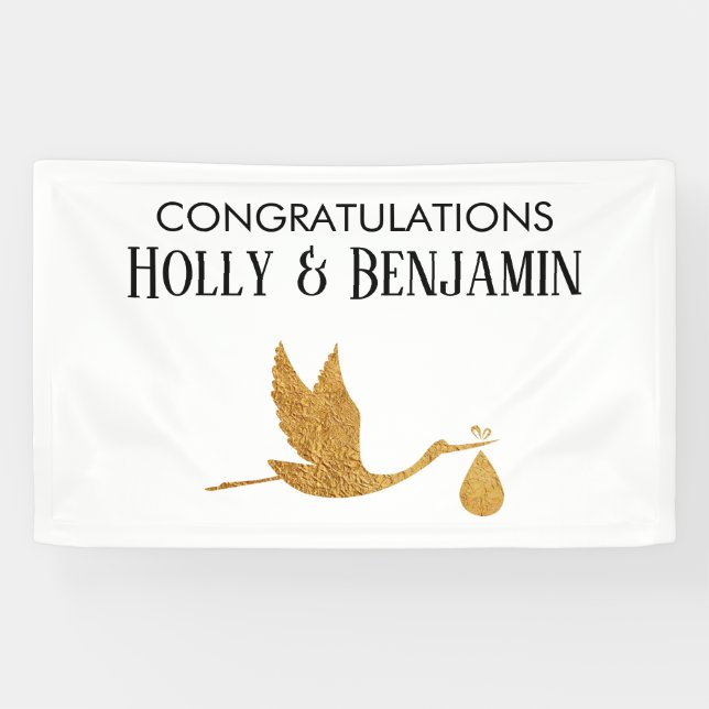 Simple Faux Gold Stork Congratulations Baby Shower Banner (Horizontal)