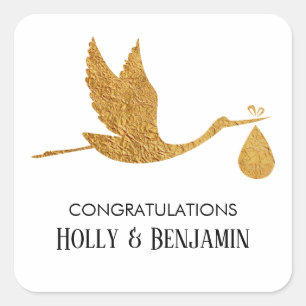 Simple Faux Gold Stork Congratulations Baby Shower Square Sticker