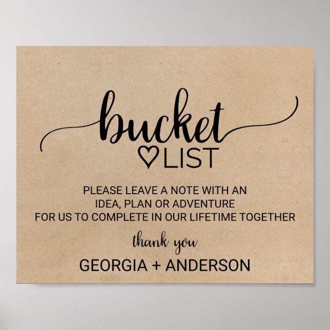Simple Faux Kraft Calligraphy Bucket List Sign (Front)