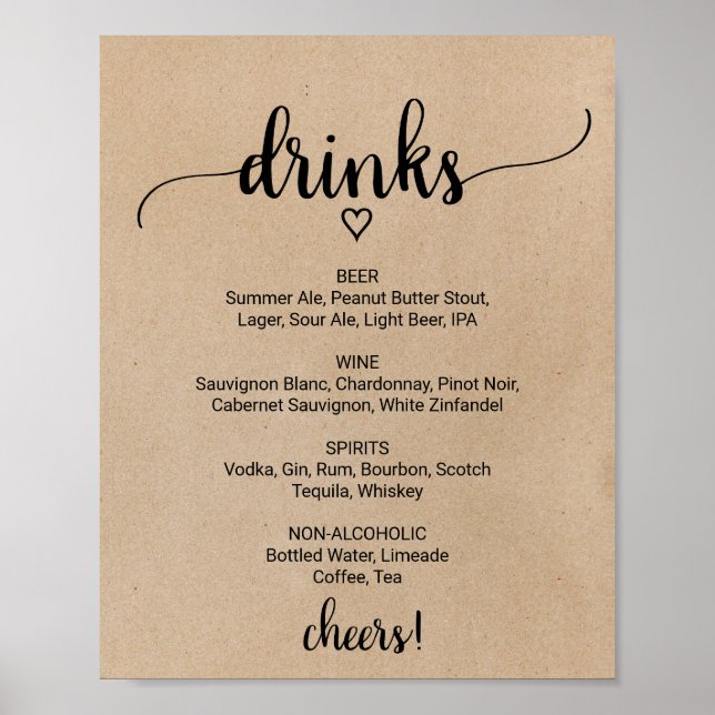 Simple Faux Kraft Calligraphy Drink Menu Sign (Front)