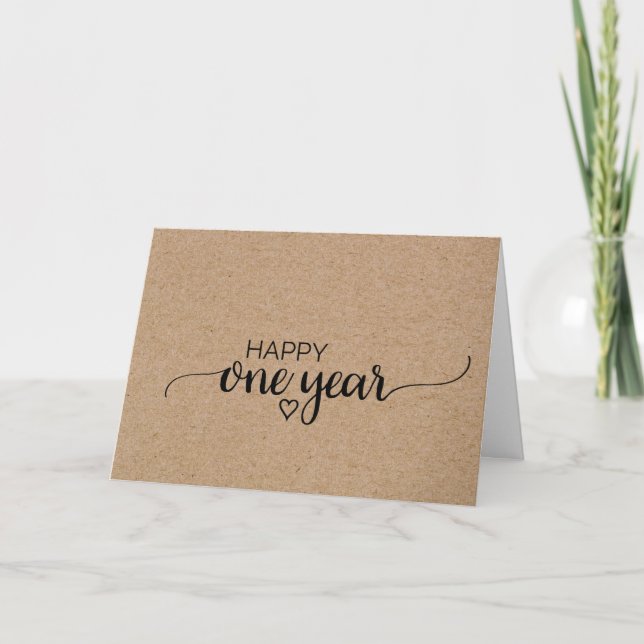 Simple Faux Kraft Calligraphy One Year Anniversary Card (Front)