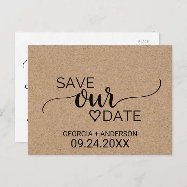 Simple Faux Kraft Calligraphy Save Our Date Announcement Postcard (Front/Back)