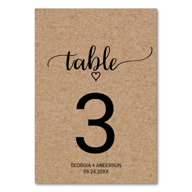Simple Faux Kraft Calligraphy Wedding Table Number (Front)