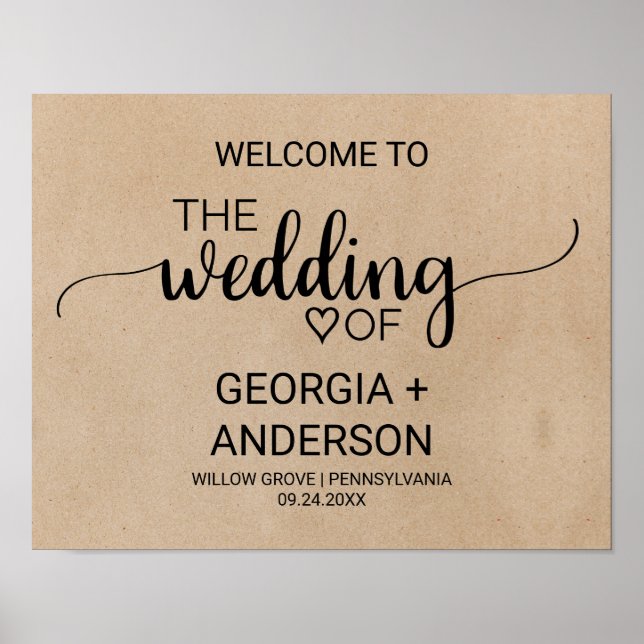 Simple Faux Kraft Calligraphy Wedding Welcome Poster (Front)