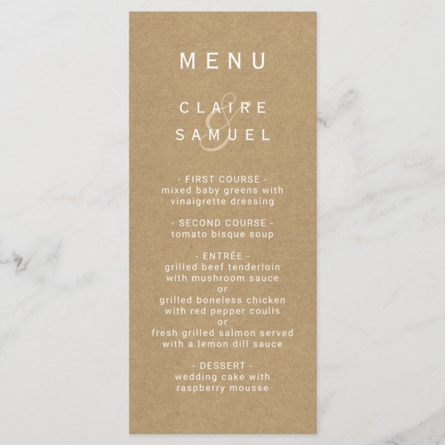 Simple Faux Rustic Brown Kraft Wedding  Menu (Front)