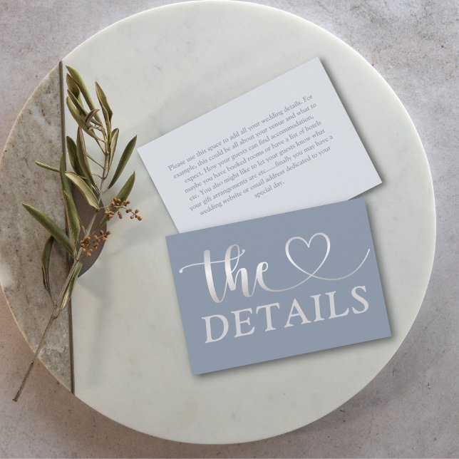 Simple Faux Silver & Blue Heart Wedding Details Enclosure Card (Creator Uploaded)