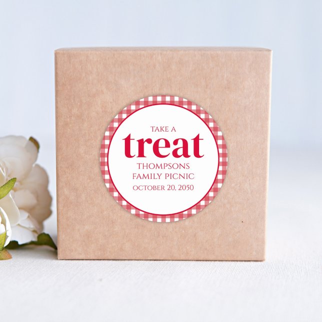 Simple Favor Modern Red Gingham Picnic Treat Classic Round Sticker (Creator Uploaded)