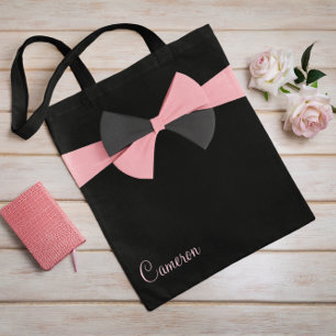Simple Feminine Black Chic with Black Pink Ribbon Tote Bag