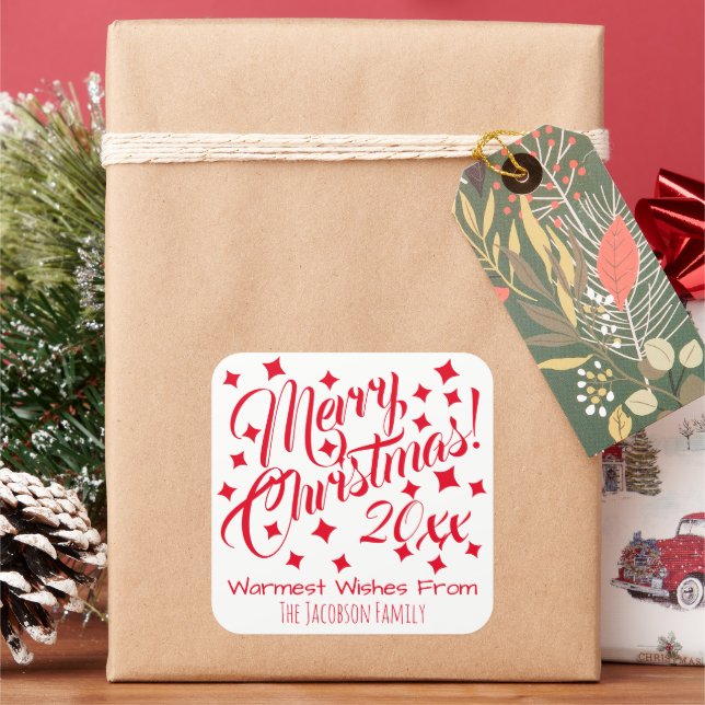 Simple Festive Red & White Merry Christmas Square Sticker (Holiday)