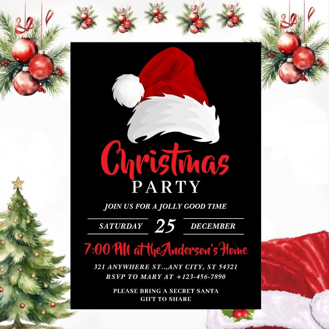 Simple Festive Santa Hat, black Christmas Party Invitation (Creator Uploaded)