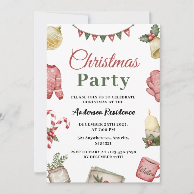 Simple festive Watercolor Christmas Party Invitation (Front)