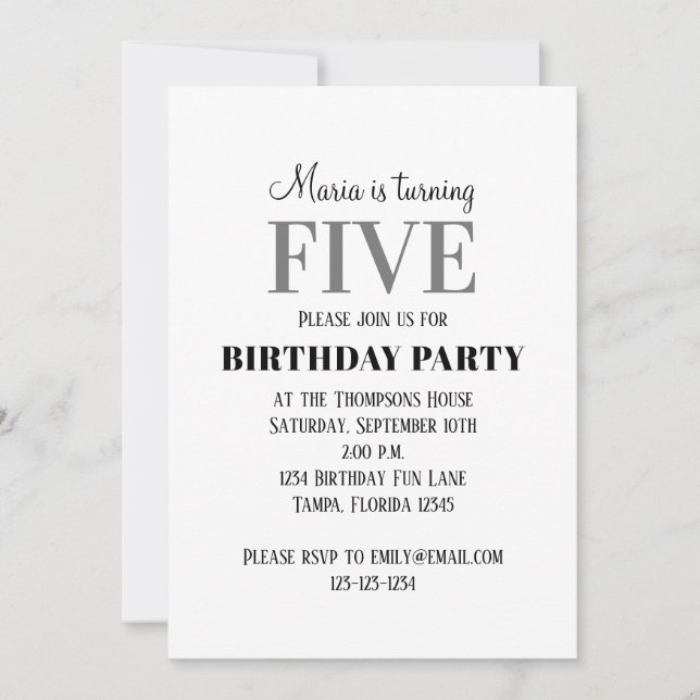 Simple Fifth Birthday Party Template (Front)