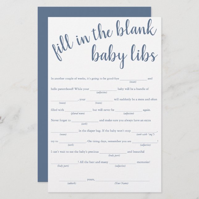 Simple Fill in the Blanks | Dusty Blue Shower Game (Front/Back)