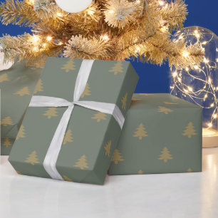 simple fir spruce green and gold Christmas trees Wrapping Paper
