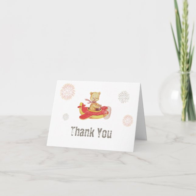 *~* Simple Fireworks Teddy Bear Flying Red Plane Thank You Card (Front)