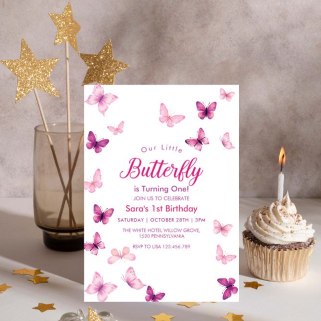 Simple First 1st Birthday Purple Butterflies Party Invitation (Creator Uploaded)