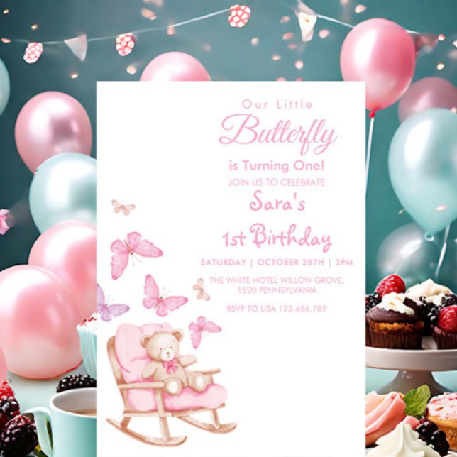 SImple First 1st Birthday teddy & Butterfly Invitation (Creator Uploaded)