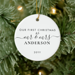 Simple First Christmas Married Mr and Mrs Photo Ceramic Ornament