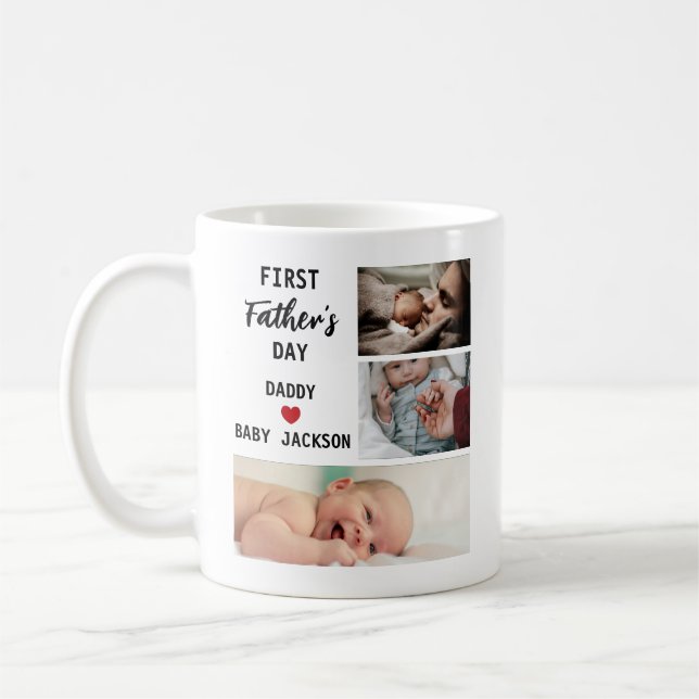 Simple First Father's Day Custom 3 Photo Coffee Mug (Left)