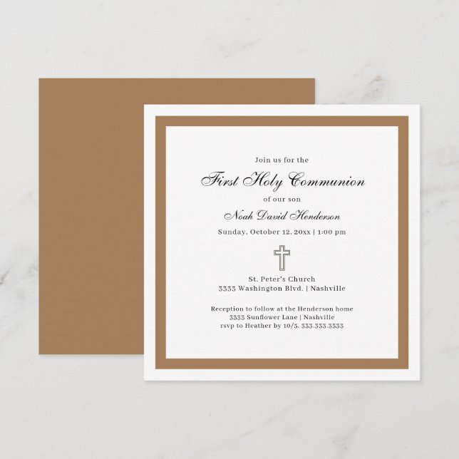 Simple First Holy Communion Tan White Invitation (Front/Back)