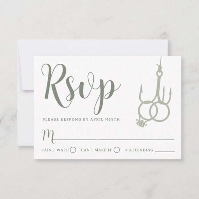 Simple Fishing Hook Wedding Rings RSVP Card Sage (Front)
