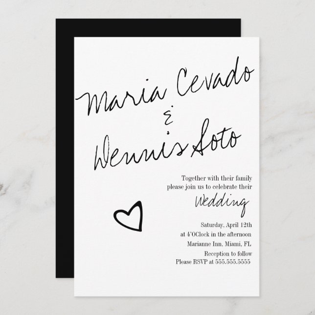 Simple Floating Heart Lettering Script Wedding Invitation (Front/Back)