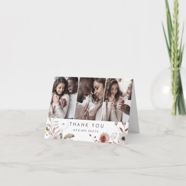 Simple Floral 3 Photo Template Thank You Card (Front)