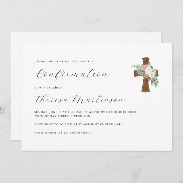 Simple Floral and Cross Calligraphy Confirmation I Invitation (Front/Back)