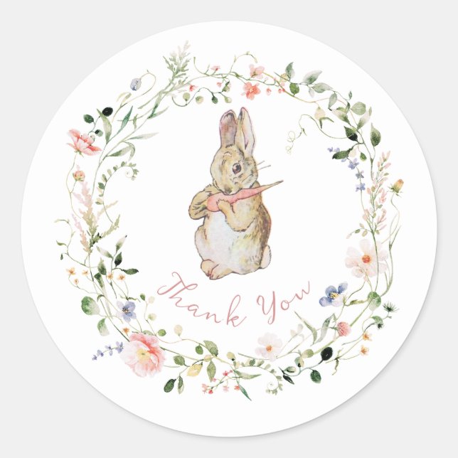 Simple Floral Baby Bunny Baby Shower   Classic Round Sticker (Front)
