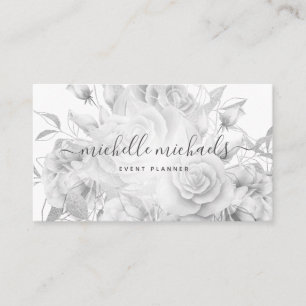 Simple Floral Black & White Modern Script Business Card