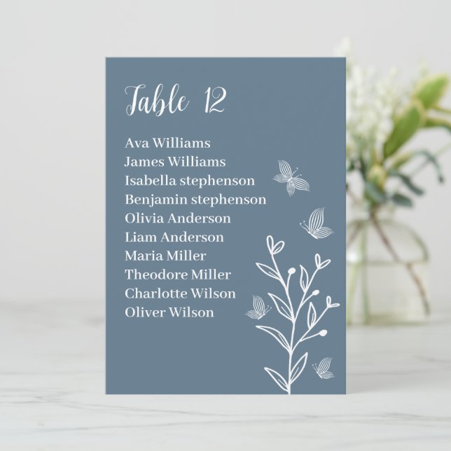 Simple floral blue seating chart card (Standing Front)