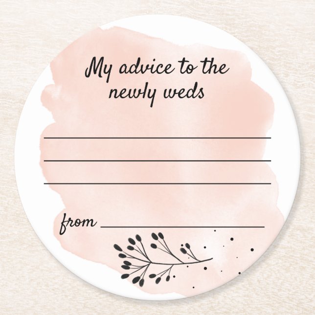 Simple Floral Blush Wedding Advice Round Paper Coaster (Front)