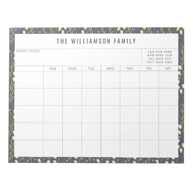 Simple Floral Border Family Planner Calendar Notepad (Front)