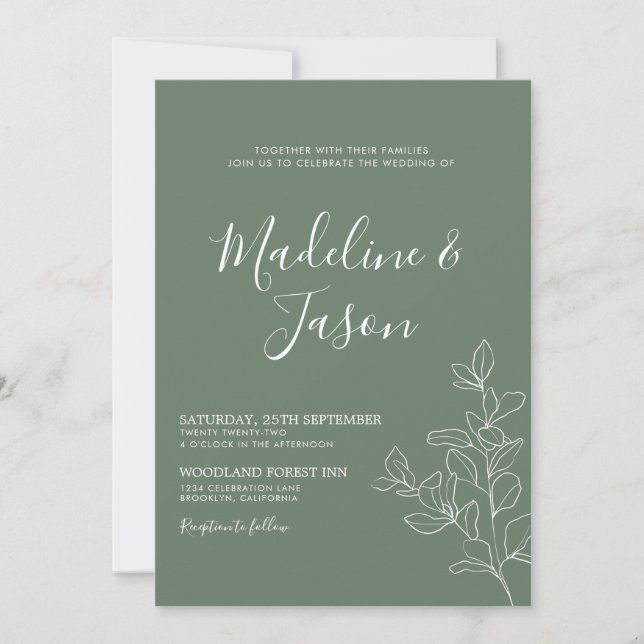 Simple Floral Botanical Deep Sage Green Wedding Invitation (Front)