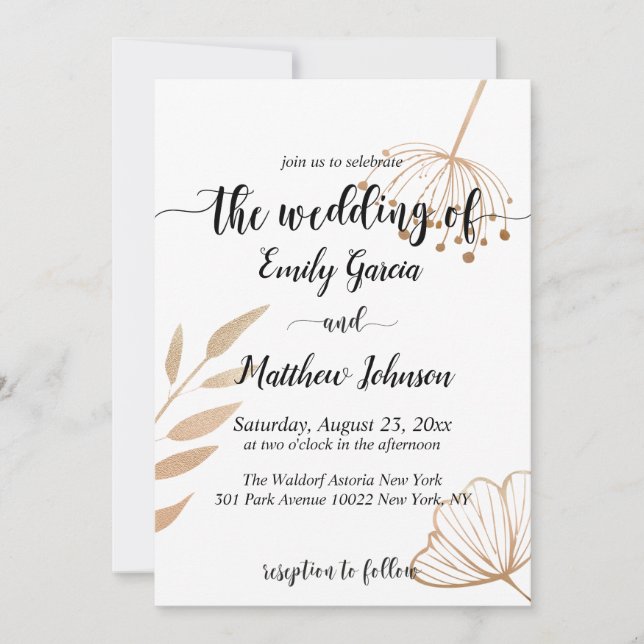 Simple Floral Botaniqe Gold Foil Wedding Invitation (Front)