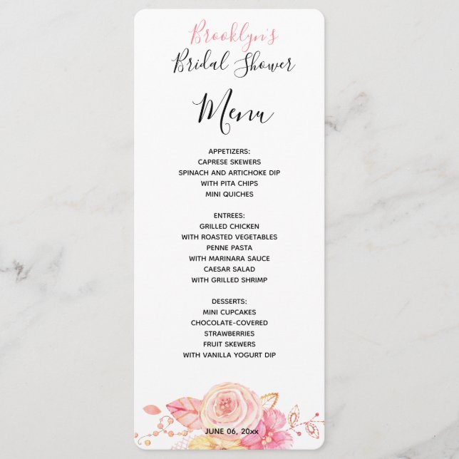 Simple Floral Bridal Shower Menu Card (Front)