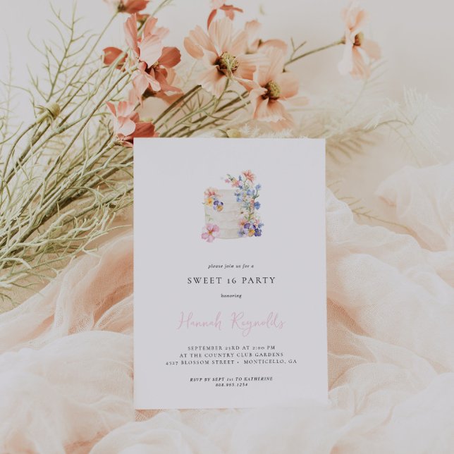 Simple Floral Cake Sweet 16 Birthday Invitation (Creator Uploaded)